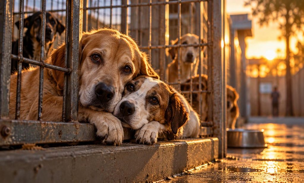 Cani in un canile al tramonto, immagine della cura e della speranza