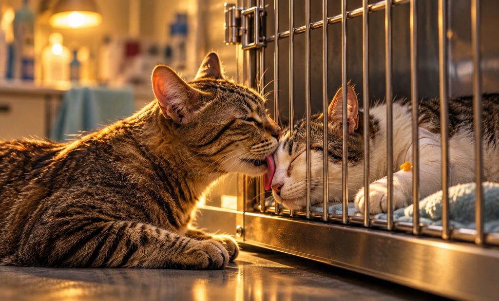 Due gatti nella clinica veterinaria, uno accanto al fratello malato