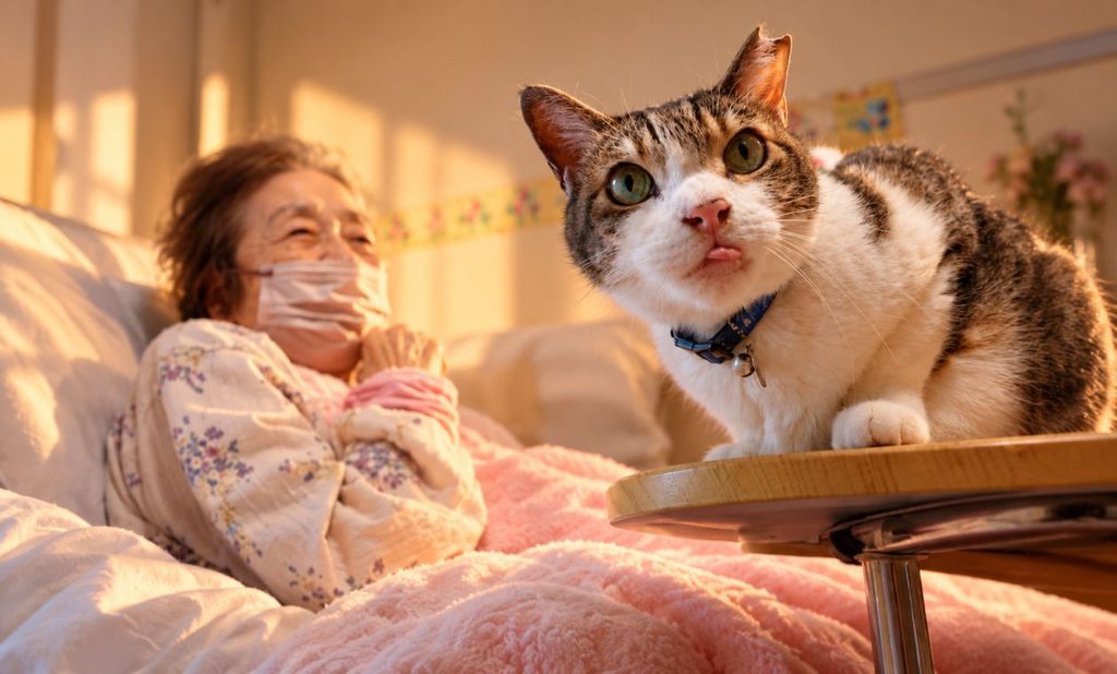 Un gatto accanto a un’anziana donna a letto, simbolo di affetto, vicinanza e cura