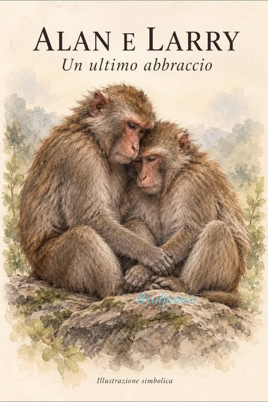 illustrazione simbolica di due macachi, Alan e Larry, stretti in un ultimo abbraccio.
