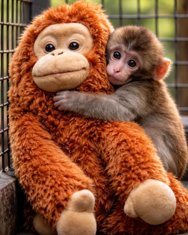 Punch, giovane macaco che abbraccia un peluche in cerca di conforto.